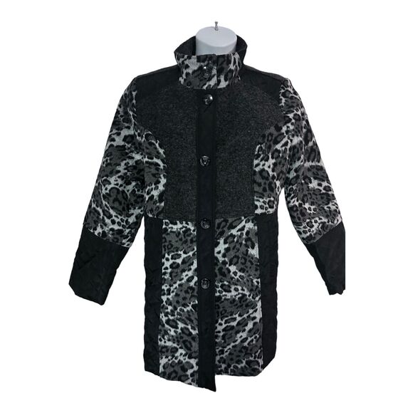 Midnight Velvet Quilted Mixed Media Gray Black Leopard Thigh Length Jacket - Picture 2 of 15